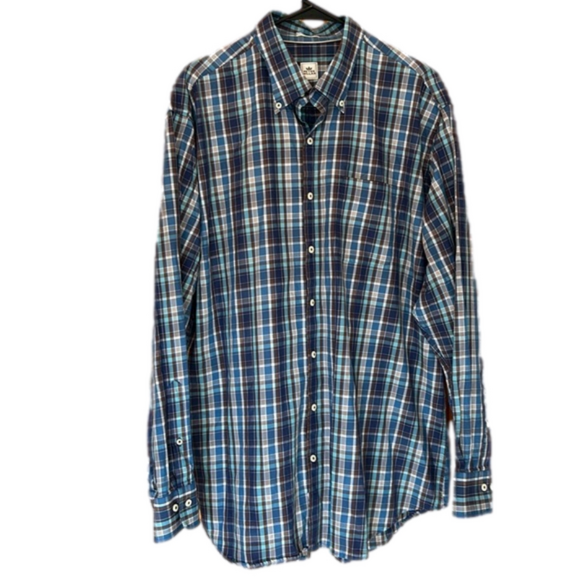 Peter Millar Blue and Brown Plaid Long Sleeve Button-Down Dress Shirt Men's XL - Picture 1 of 4